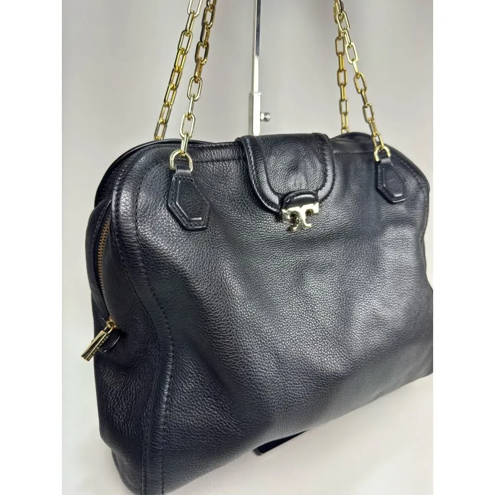 Tory Burch Amanda Black Pebbled Leather Hobo Satchel Shoulder Bag Gold Chain T